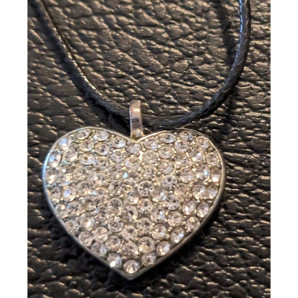 Vintage Silver Rhinestone Heart Pendant Necklace Black Cord Pavé Sparkle